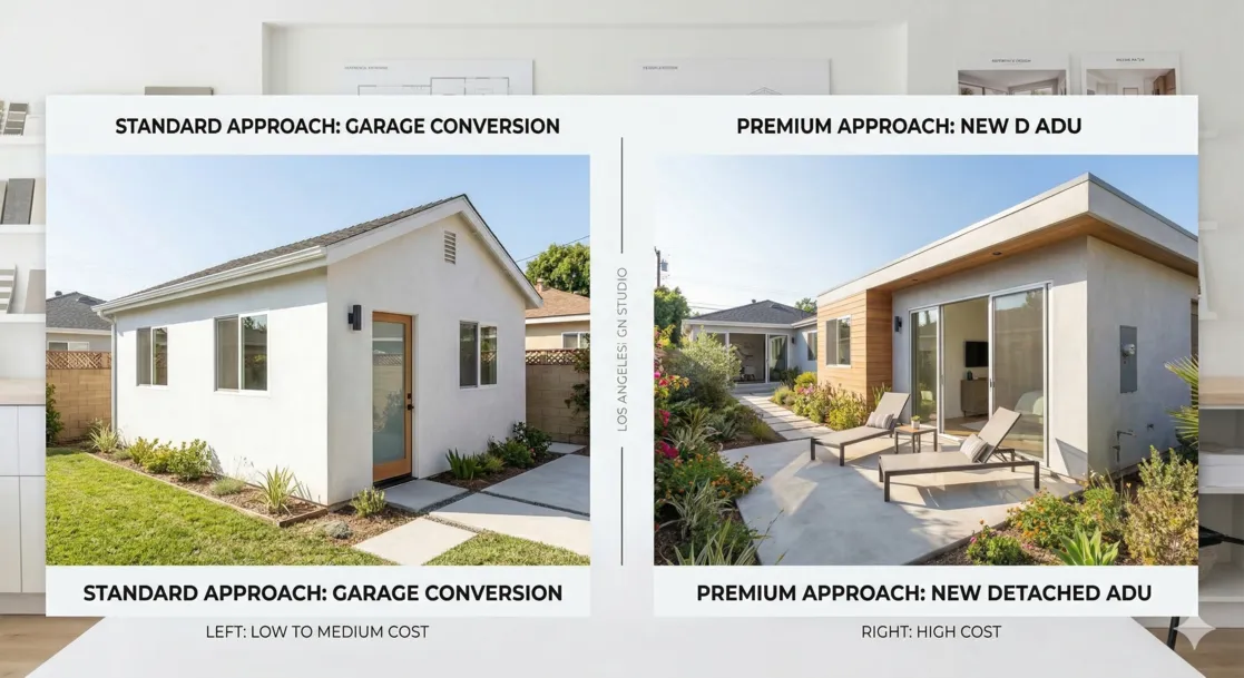 Side-by-side comparison of a standard garage conversion versus a premium newly constructed detached ADU.